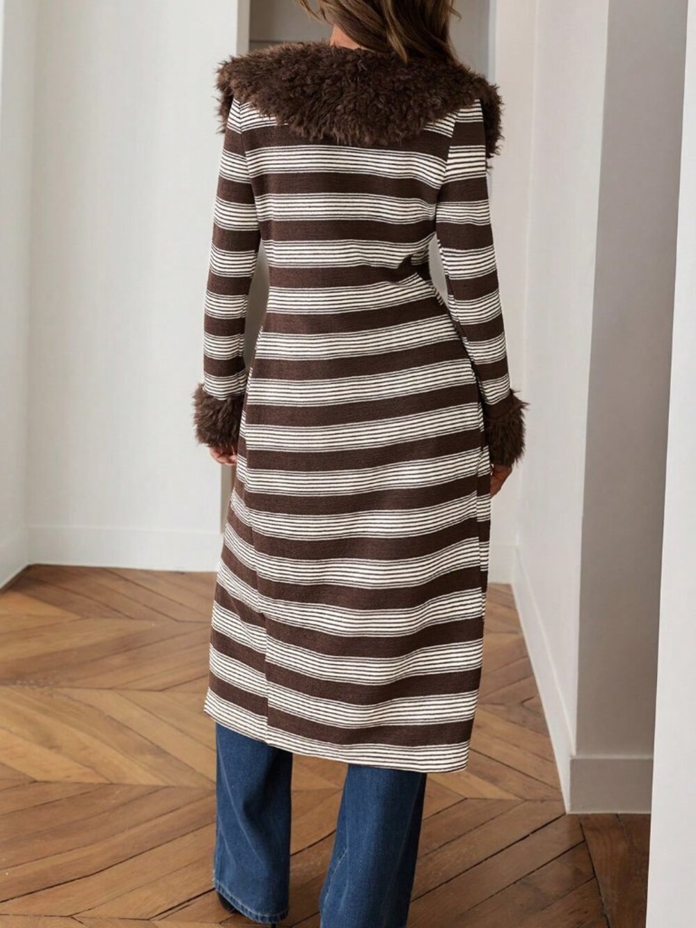 Brown Casual Women's Halloween Fluffy Color Block Striped Jacket - Picture 2 of 9
